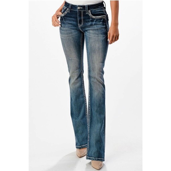 Grace in LA Women's Aztec Embroidered Faux Flap Pockets Bootcut Stretch Jeans - Picture 2 of 3